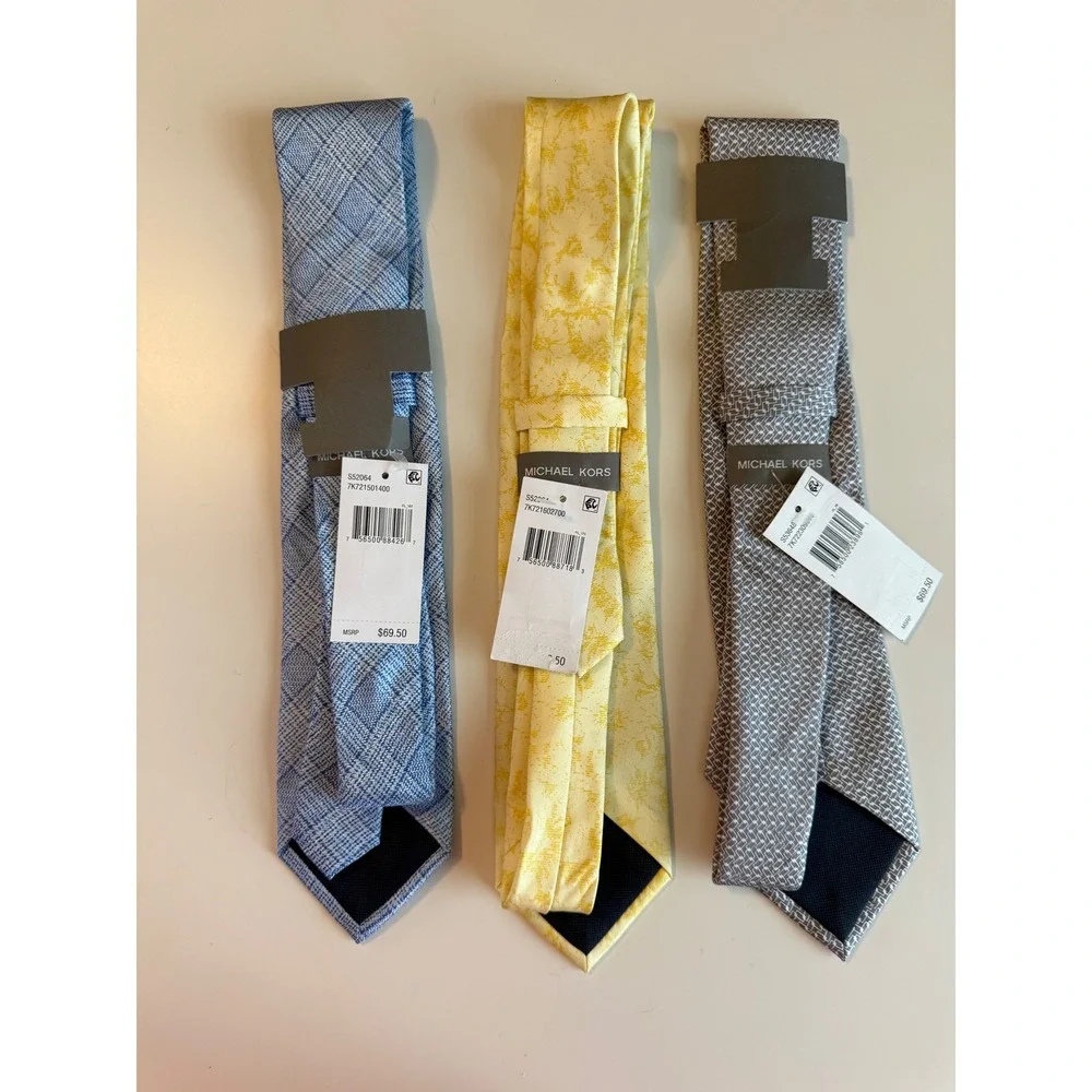 Michael Kors 100% Silk Tie Lot 3 Blue Yellow Gray‎ NWT Designer Luxury Work Wear